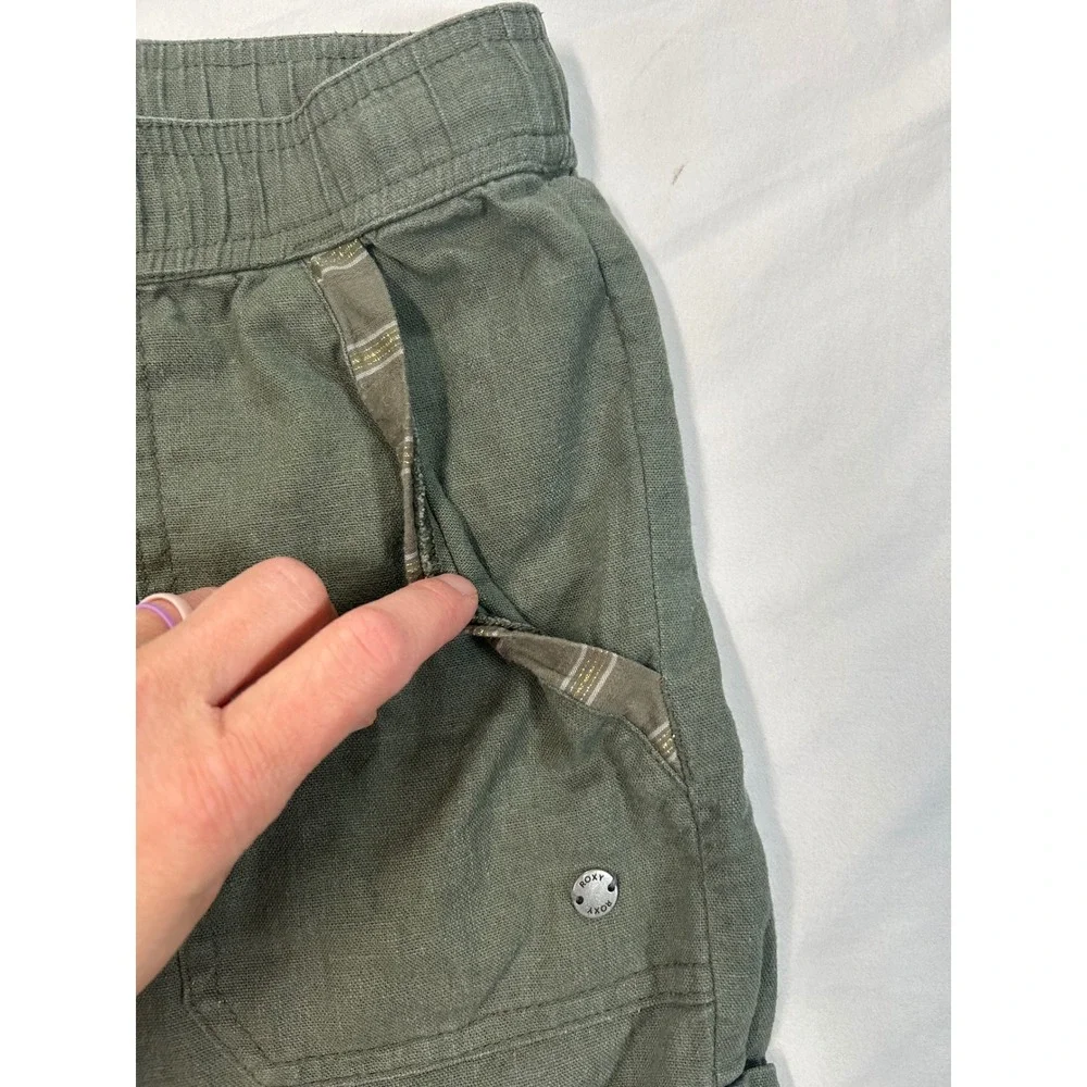 Roxy Boho Women Olive Green Linen Blend Drawstring Shorts Sz Med Pocketed Beach